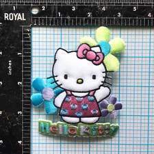 VINTAGE HELLO KITTY 3.75" SATEEN FLOWERS PINK & DRESS IRON ON PATCH