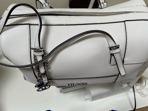 Guess Monogram Shoulder Bowling Weekend Bag White With Silver Charm - Picture 3 of 4