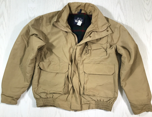 Vintage Woolrich Field Chore Jacket Women M Beige Flannel Wool Lined Blanket USA