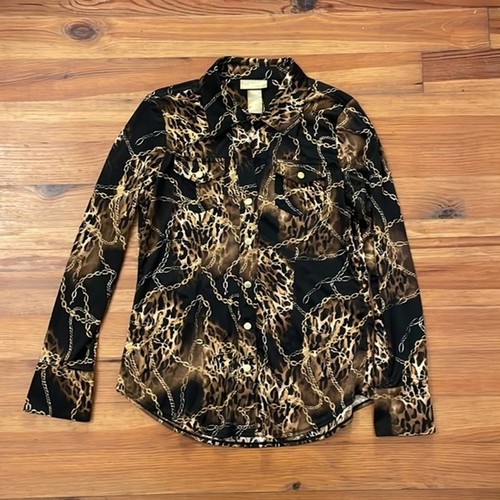 Miss Tina Damenbluse braun Leopardenmuster Kette Knopfleiste Größe Medium 8-10 - Bild 3 von 10