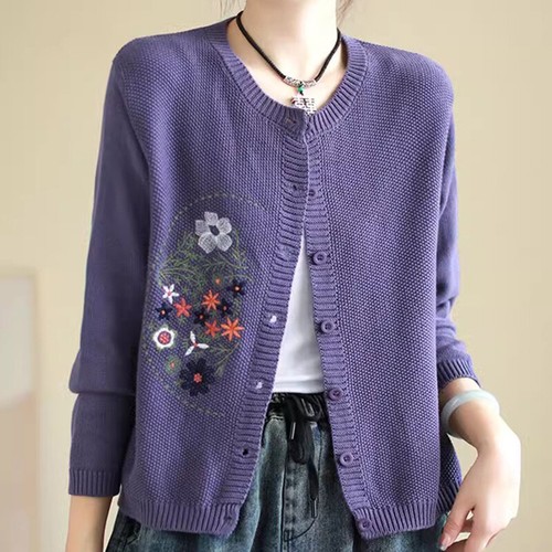 Women Knitted Cardigan Sweater Coat Round Neck Jacket Floral Embroidery Top Warm - Foto 15 di 18
