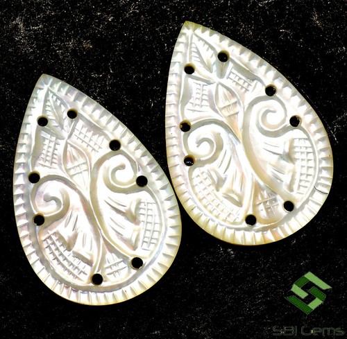 29.07 Cts Natural Mother of Pearl Handmade Carving Pair 30x20 mm Loose Gemstones - Picture 7 of 7