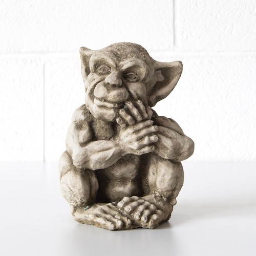 Smiling Sprite Statue Hand on Chin Stone Concrete Gothic Garden Devil Ornament - Picture 2 of 7