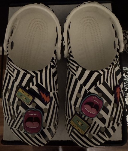 Women’s Size 7 Men’s Size 5 Zebra Print White Black Rock And Roll Crocs Charms - Picture 2 of 9
