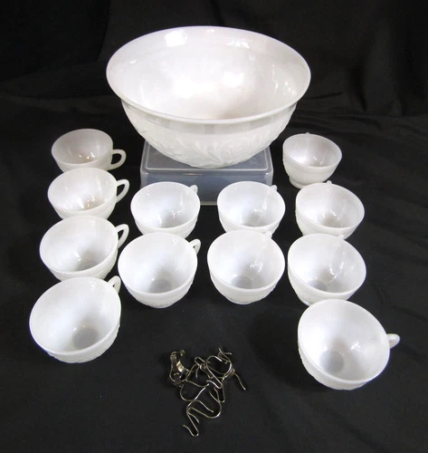 VINTAGE ANCHOR HOCKING WHITE MILK GLASS PUNCH BOWL SET FLORAL (SANDWICH?) DESIGN