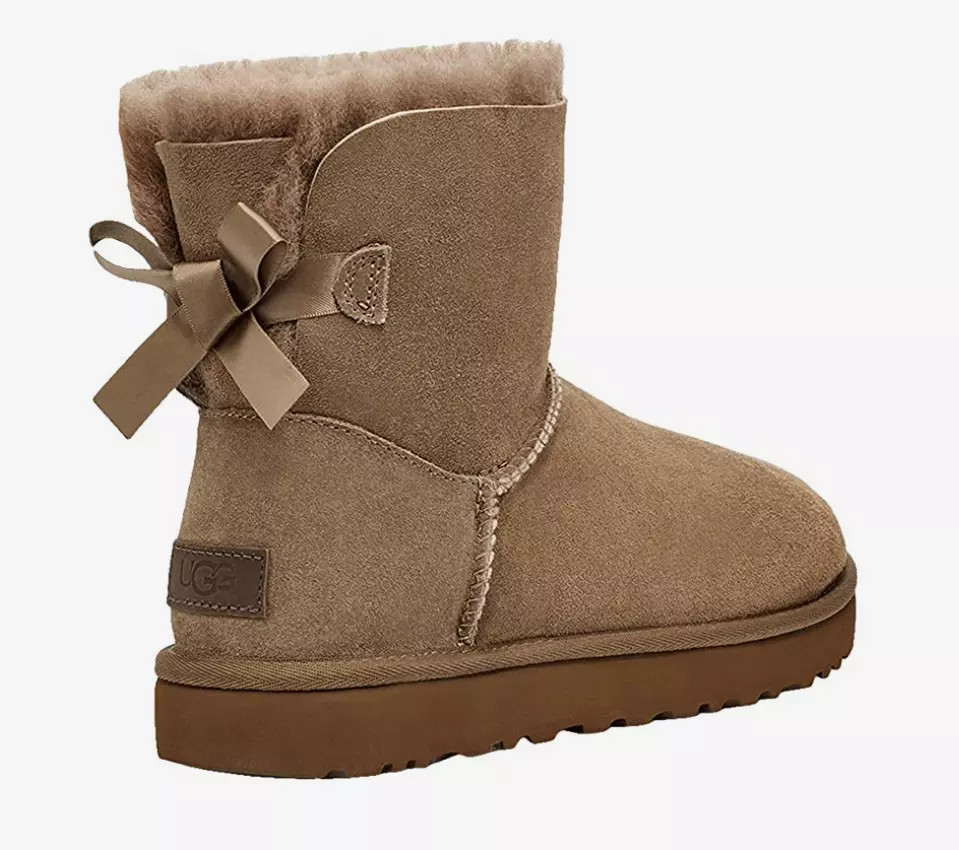 UGG Mini Bailey Bow II Bootie Flat Ankle Boots Hickory Twinface Sheepskin Sz 11