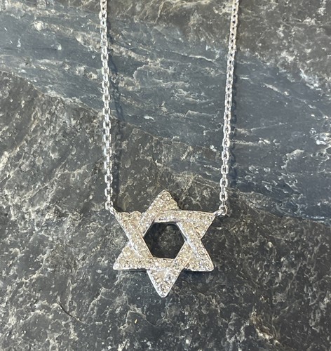 14k White Gold Diamond Open Star of David Adjustable Chain Necklace High Quality - Picture 9 of 18