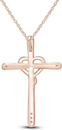 Cross Heart Pendant Natural Round Diamond Accents 10K Solid Gold 18" Necklace - Picture 12 of 12