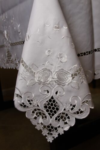 Rectangle 72x90" White Polyester Embroidered Tablecloth Napkins Wedding Bridal - Picture 3 of 11
