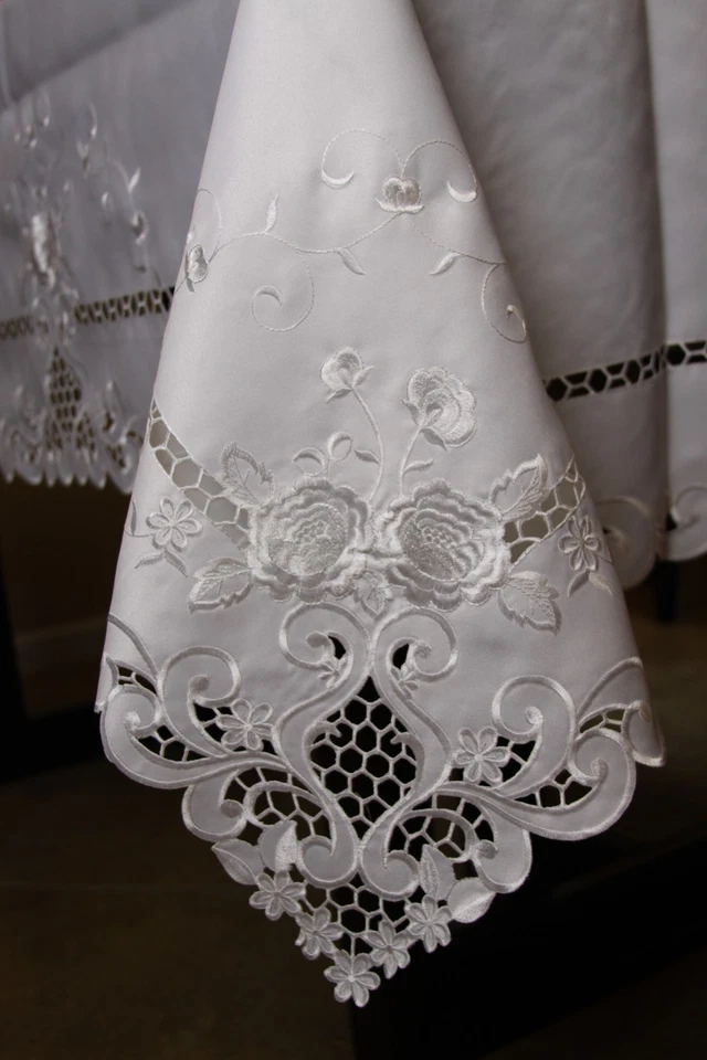 Mantel floral bordado tela 72x126" blanco bordado boda 12 servilletas Foto 3 de 4