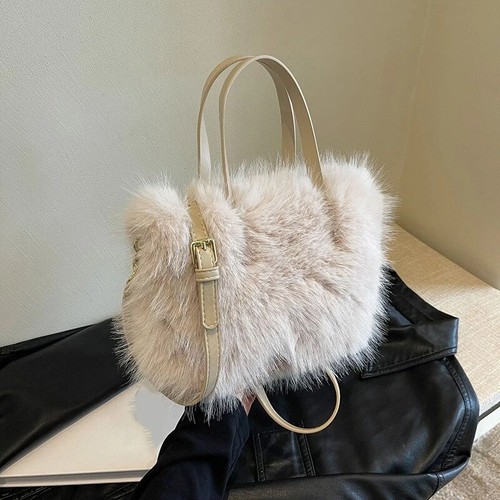 Faux Fur Tote Bag Women's Plush Bucket Shoulder Handbag Winter Crossbody Purse L - Picture 10 of 15