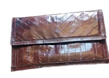 Eel Skin Clutch Purse VTG 80s 12"x8" Leather BROWN Soft Retro Envelope Strap