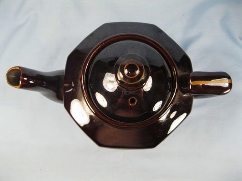 Tetera de cerámica Redware marrón pintada a mano fruta colorida vintage como está (O) - Imagen 6 de 12