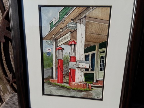 Listed Artist JOAN GLENN Original Watercolor Painting Old Gas Service Station - Picture 2 of 11