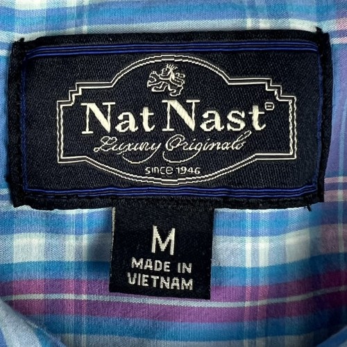 Nat Nast Medium Blue Pink Plaid Print Button Up Short Sleeve Collar Shirt - Picture 5 of 7