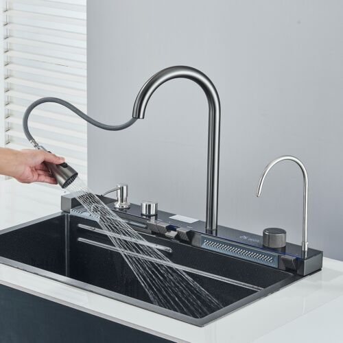 Küchenspüle Wasserfallspüle mit versenkbarem Wasserhahn Edelstahl SpülbeckenSet - Bild 9 von 23