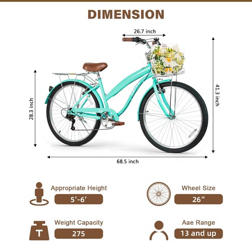 WEIZE Beach Cruiser Bike 26" Commuter Bicycle 7 Speed Adult Men Women Teal Bikes - Picture 2 of 8