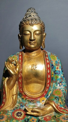 12.6" Old Temple Cloisonne Enamel Bronze Tibet Shakyamuni Amitabha Buddha Statue - Picture 2 of 9