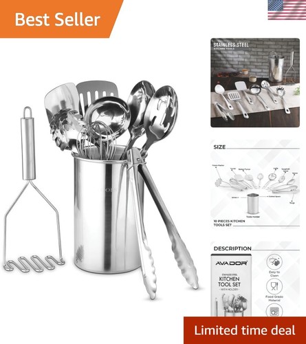 Space-Saving 10-Piece Stainless Steel Cooking Tool Set - Easy to Clean Design