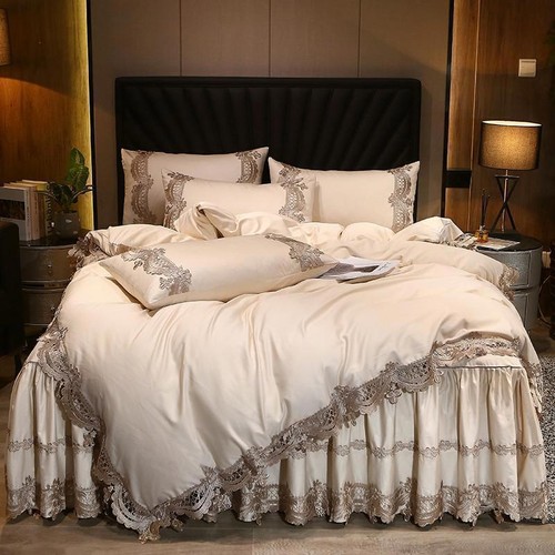 Lace Egyptian Cotton Bedding Set Duvet Cover Bedskirt Pillowcase Queen King Size - Picture 12 of 32