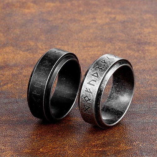 Vintage Nordic Viking Runes Wedding Band Stainless Steel Cool Retro Spinner Ring