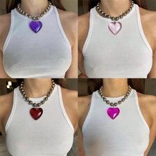 Women Necklaces Love Heart Hip Hop Minimalist Beads Chains Colorful Glass