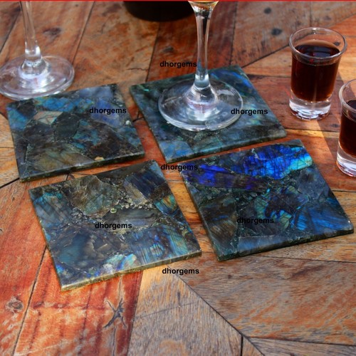 Natural Labradorite Square Coaster Gemstone Bar Coaster Gift Set 4 pcs 6 inch - Picture 3 of 10