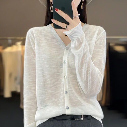 Summer V-Neck Long Sleeve Loose Transparent Cardigan Air Conditioned Shirt - Picture 28 of 31