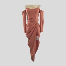 Asos Blush Off Shoulder Retro Draped Midi Stretch Belted Cocktail Dress NEW - 4
