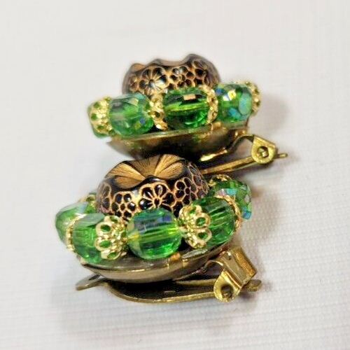 Vtg Western Germany Earrings w Green Beads & Goldtone Clip-On Style Signed - Picture 7 of 7