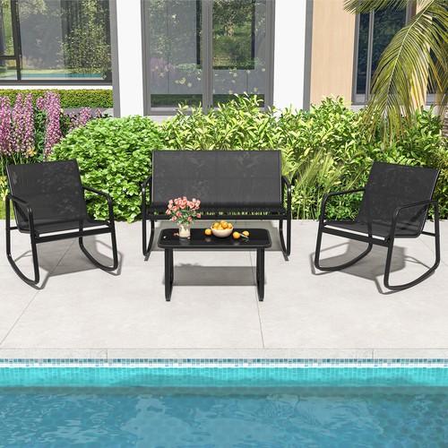 4 PCS Patio Rocking Set 2 Rocking Chairs & Loveseat w/ Glass-Top Table Outdoor - Picture 3 of 10