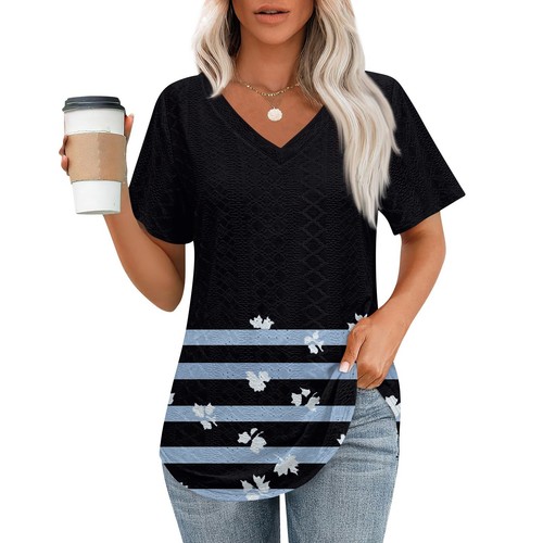 Women V Neck Boho Floral T-Shirt Tops Short Sleeve Casual Loose Basic Blouse uk - Picture 13 of 58