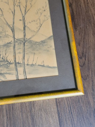 Vintage Asian Landscape Pencil/Ink Signed Framed Matted Mountain House Scene - Picture 7 of 11