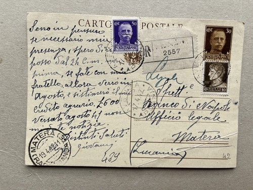 C) Intero postale Imperiale raccomandata Avenza Massa per Matera 1942 - Imagen 1 de 2