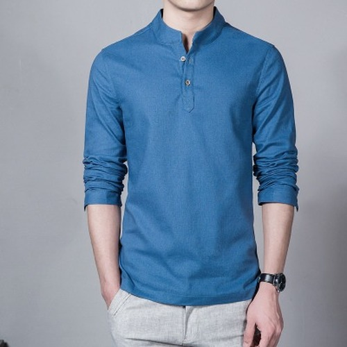 Herren Frühling Tops & T-Shirts Männer T-Shirts Stehkragen Basis Shirt Leinen Baumwolle - Bild 8 von 19