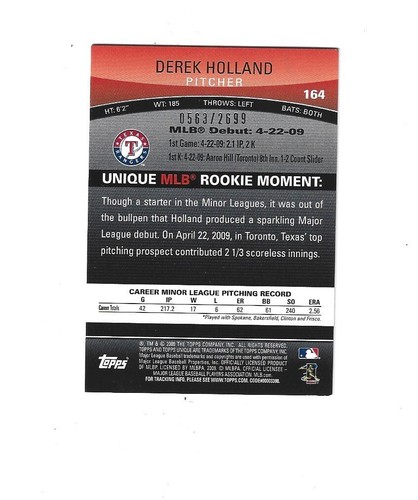 2009 Topps Unique #164 Derek Holland RC /2699 TEXAS RANGERS - Picture 2 of 2