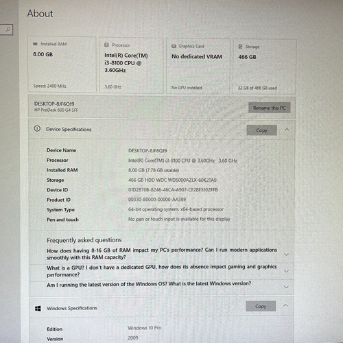 HP ProDesk 600 G4 SFF Desktop PC, 8GB RAM, i3 Gen 8, 500GB HDD - Picture 3 of 3