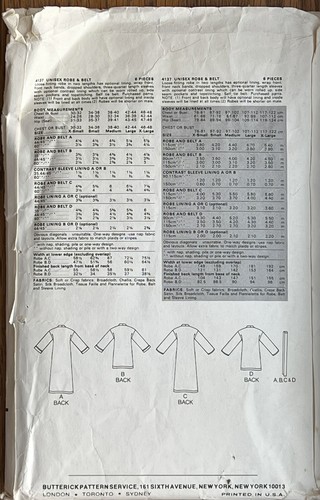 Butterick Sewing Pattern 4137 Robe Man Woman Unisex Tie Small 34-36 Chest Long - Picture 3 of 3
