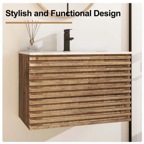 Wall Mounted Bathroom Vanity Set W/ Drop in Sink Mid-Century Cabinet Set - Picture 6 of 34