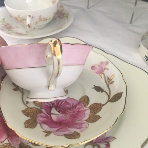 50er Jahre Rosa Rose Bone China Teetasse Untertasse Dessertteller 3-teiliges Set besetzt Japan - Bild 5 von 6