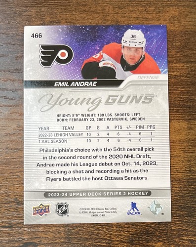 2023-24 Upper Deck Young Guns #466 Emil Andrae Rookie Philadelphia Flyers RC - Picture 2 of 2