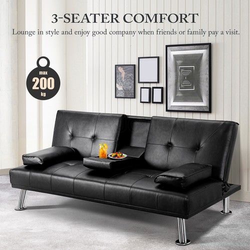 Sofa Bed Couch Lounge Futon Mattress 3 Seater Leather Recliner with Cup Holders - Picture 2 of 11