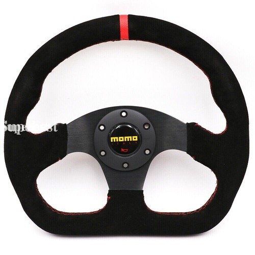 320mm momo Black Suede Leather Racing Flat Rally Sport Drift Steering Wheel #Red - Picture 1 of 5
