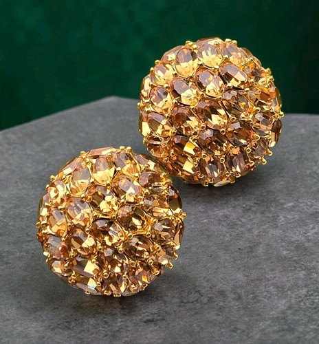 Vintage Signed CINER Citrine Glass Pavé Bombé Dome Clip-On Earrings Gold Tone