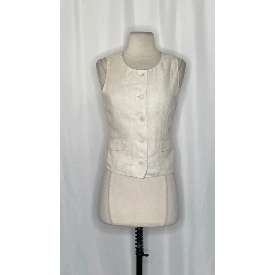 ¡¡NUEVO CON ETIQUETAS!! J. CREW Chaleco Cuello Redondo Lino Natural Solapa Bolsillos Corbata Cintura Retro Talla 4 Foto 2 de 4