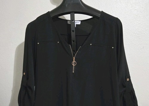 Dressy Tempted Hearts L.A. Size 2X   Black Career Blouse Top Roll Tab Sleeves - Picture 4 of 17