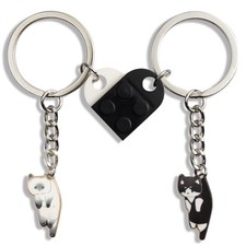 QqzsJewls 2PCS Matching Heart Keychains for Couples Best Balck and White Cat
