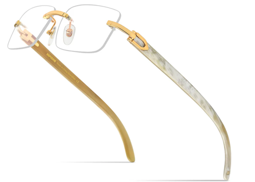 Herren Vintage Gold Gestell Randlos Hip Hop Schwarz Holzmaserung Klare Gläser Brille - Bild 8 von 104