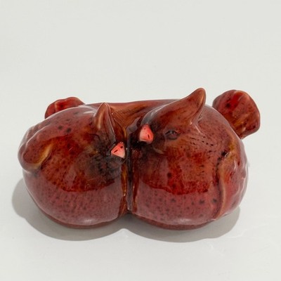 Vintage Ceramic Birds Figurine Two Red Cardinals In Love Snuggled Reddish Brown