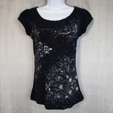 VTG Y2K 90s Fang Top Womens Medium Black Silver Sparkly Whimsigoth Fairy Grunge